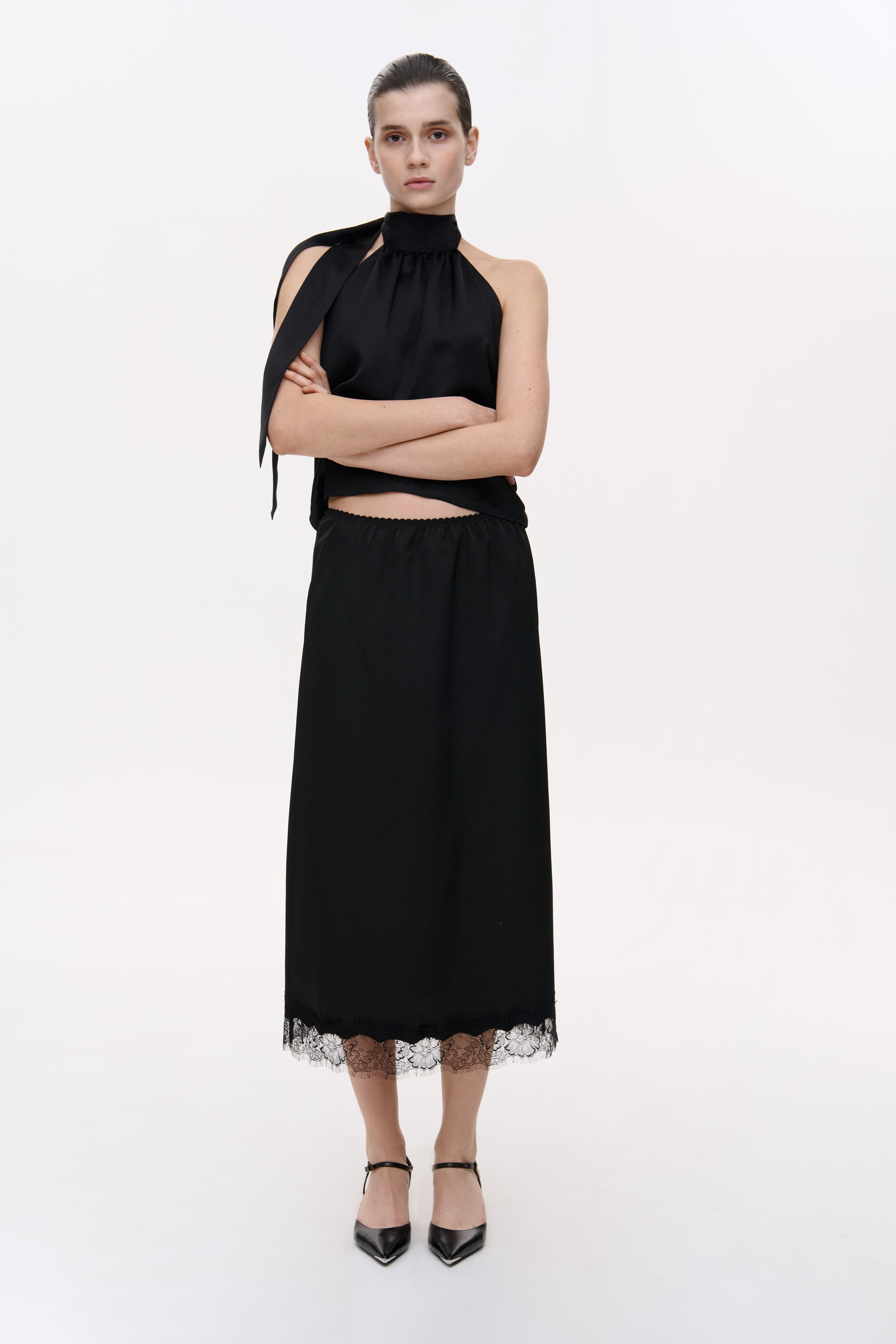 ШОВКОВА СПІДНИЦЯ МІДІ З МЕРЕЖИВОМ 1240 зображення