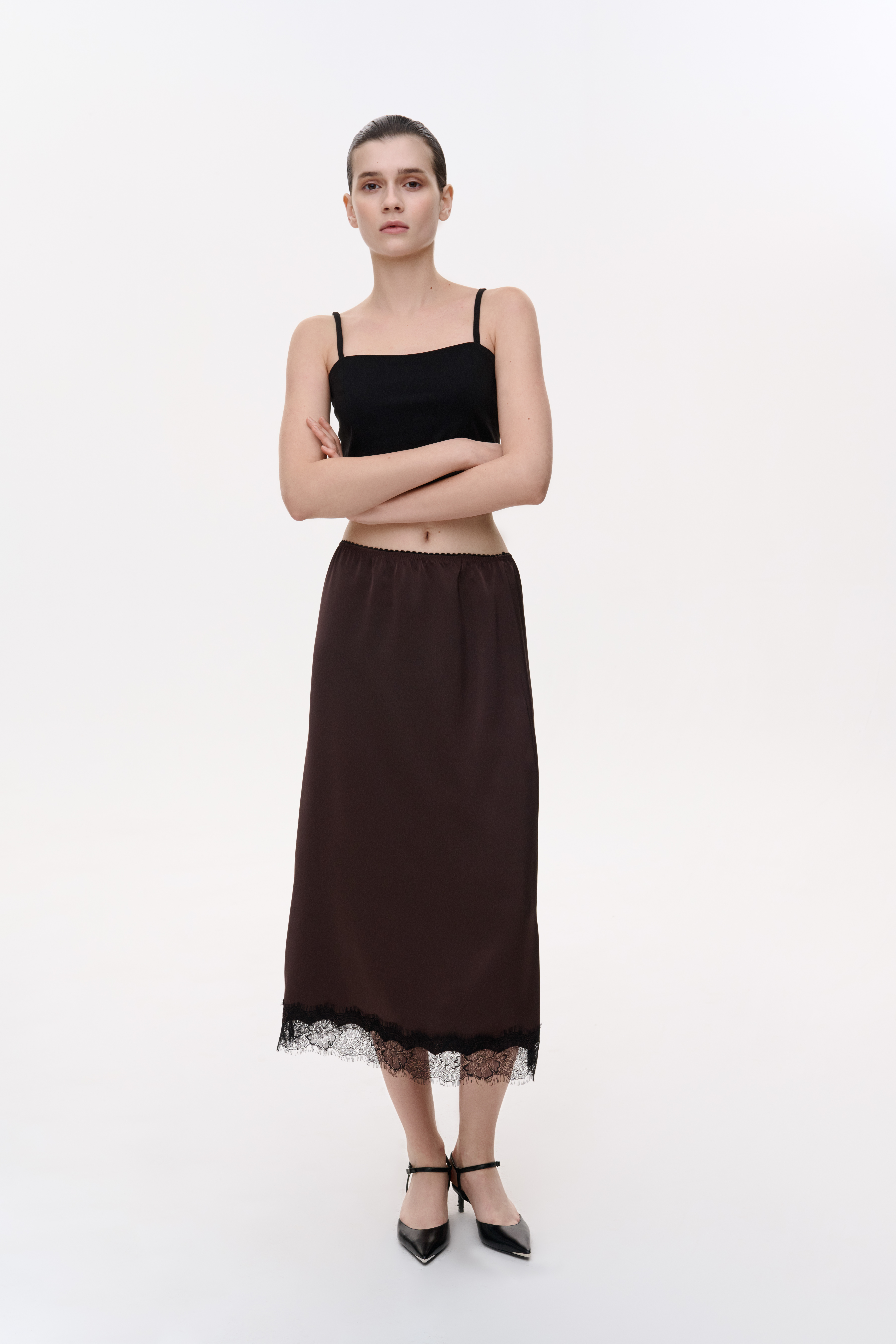 ШОВКОВА СПІДНИЦЯ МІДІ З МЕРЕЖИВОМ 1240 зображення